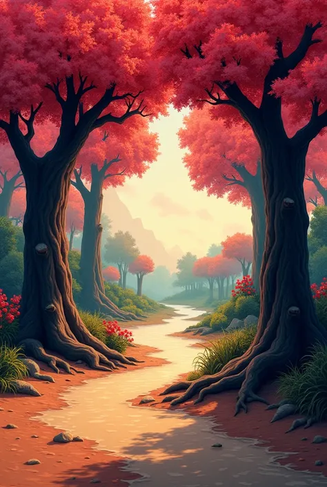 Natural landscape,  flat floor of caramel color and red wine ,  quiet river of dark brown water ,  giant trees with dark trunks and roots and instead of leaves have flowers like large roses of red and pink in different shades,  illustration, Artistic, Lumi...