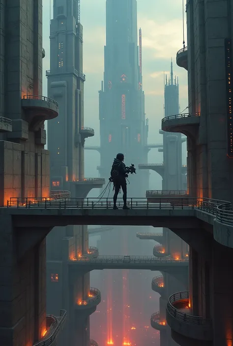  Vertiginous megacities futurism ,  on a dark sky . Avec ces tour haut. Inhabited bridges .  World Futurism .  Des colonnes en bas des formes de racine,  Armed with a black biomechanical weapon with cables connecting with her integral stealth suit {x} {x} ...