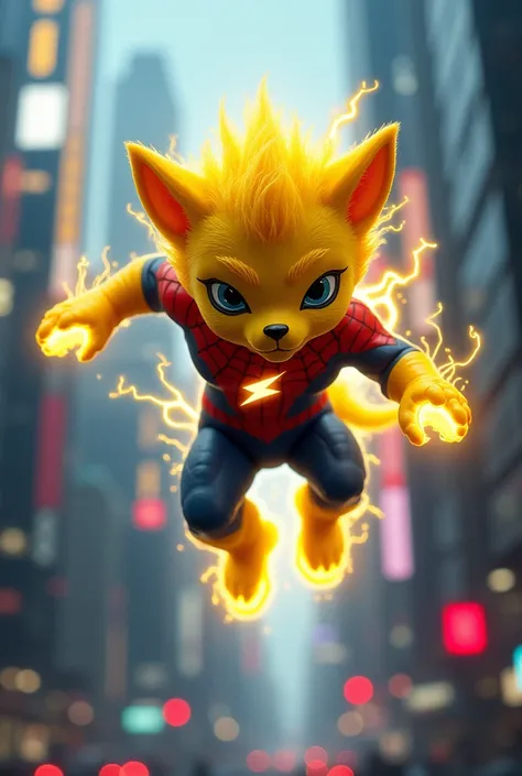 A dynamic fusion of an electric creature with superhero traits, featuring glowing yellow fur and a red-and-blue suit with web-like patterns. The figure has an emblem resembling a lightning bolt and a spider, blending playful and heroic aesthetics. This cha...