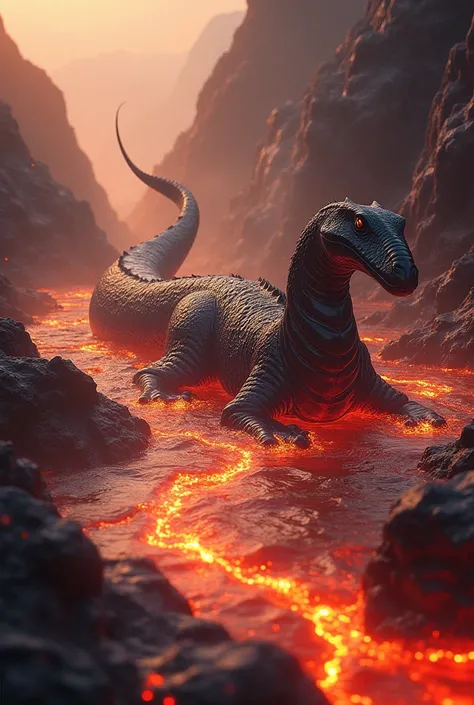 An obsidian and magma plessiosaur swimming in a lava river surrounded by red mountains