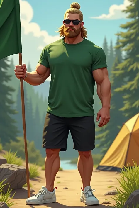 MAN 27 YEARS OLD, Theo James,  long wavy blonde hair tied in a bun,  short beard failed on the side ,  Square face , light skin,  strong and muscular , wearing an oversized green t-shirt ,  black shorts and white street sneakers ,  he is on a camping trip ...