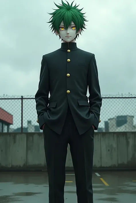 Japanese male, 20 years old,Very short hair that is green and looks spiky standing up,Black alma mater with high collar,Gold buttons, black formal trousers,White sports shoes,Having facial skin that is half white and half black,Having yellow eyeballs,Both ...