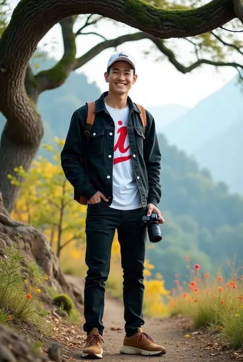  Real photo A handsome man of Korean race ,  wears white baseball cap , face looking at camera,large tall solid body , she is wearing a bright black casual jeans jacket,  white t-shirt with text  "LD" in red graffiti style,  black jeans ,  and brown sports...