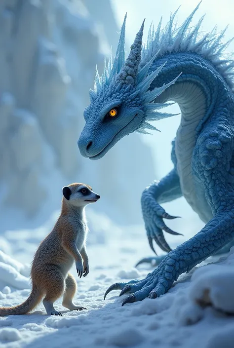 create 32k: In the same frosty desert background, depict both the ice dragon and the meerkat separately. The ice dragon shows off its icy scales and fierce eyes, while the meerkat exhibits its sleek fur and alert posture. Both creatures have a unique, glow...