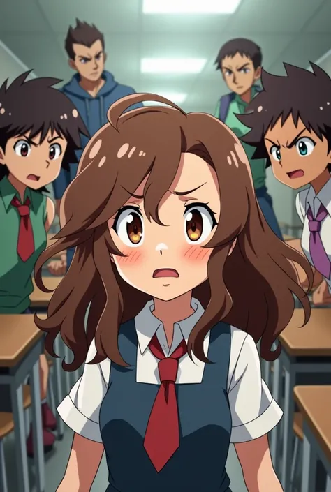 Young girl with wavy long brown hair but she is getting beaten up by classmates and bullied they look mean

Make it like pokemon anime art style and other perspective