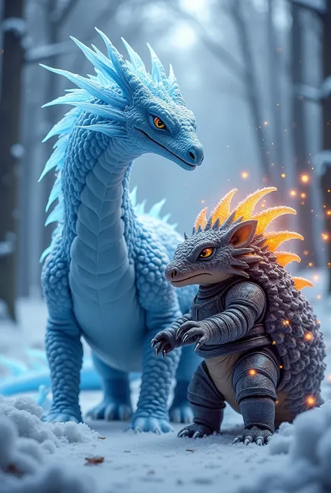 create 32k: In the same snowy forest background, depict both the ice dragon and the pangolin separately. The ice dragon showcases its frosty scales and piercing eyes, while the pangolin displays its protective plating and sturdy build. Both creatures have ...