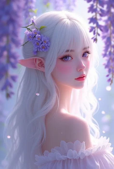 Fleeting Girl、 and her hair is white and looks great with wisteria flowers。Her eyes are lavender-colored 。The skin is white