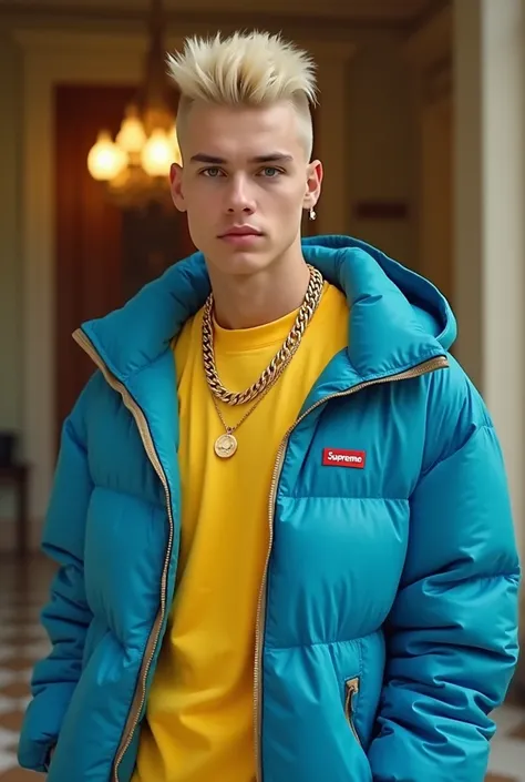 A 20-year-old man with light skin, wearing a yellow shirt and a quilted blue jacket, channeling Bad Bunny’s style. His look is complete with a golden chain, and he embodies a Brazilian-born outlaw vibe, hinting at his new song. He’s dressed in baggy clothi...