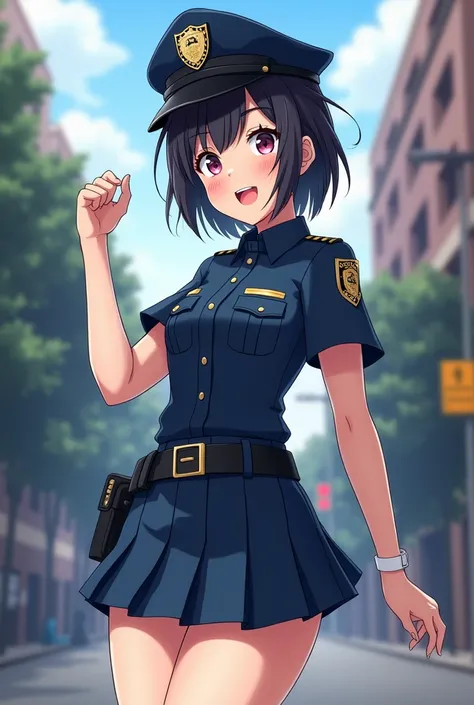 A Anime Police Girl, upskirt, White panties, darkbblue Planted skirt 