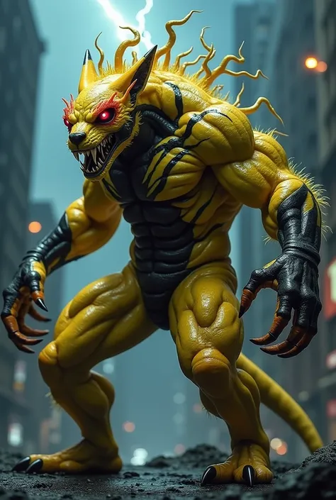 "A fusion of an electric creature and a symbiotic antihero, featuring a character with yellow fur darkened by black, tendril-like patterns spreading across their body, merging with an alien symbiote aesthetic. The creature retains glowing red cheeks and sh...