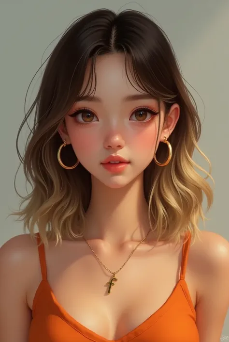 Make an image of a medium-fat teenager, a woman with medium-long straight brown blonde hair and brown eyes with round golden rings on her ears, wearing an orange top with slightly low-cut straps showing a necklace with the letter F