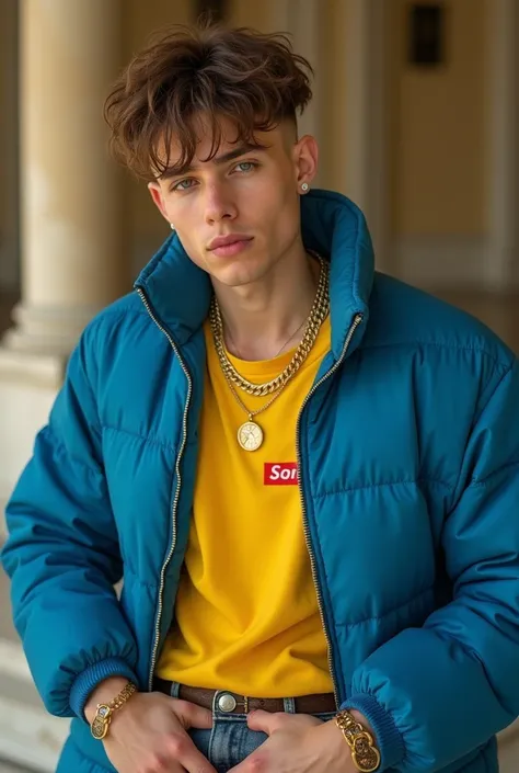 A 20-year-old man with light skin, wearing a yellow shirt and a quilted blue jacket, channeling Bad Bunny’s style. His look is complete with a golden chain, and he embodies a Brazilian-born outlaw vibe, hinting at his new song. He’s dressed in baggy clothi...