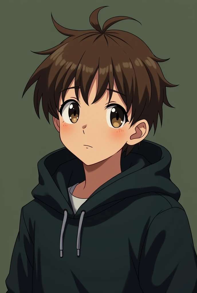 Generate an anime-style image of a young man of 20 year old, with short, brown hair similar in style to the provided image.  He should have large, expressive eyes, a neutral or serious expression, and be wearing a dark-colored hoodie.  The background shoul...