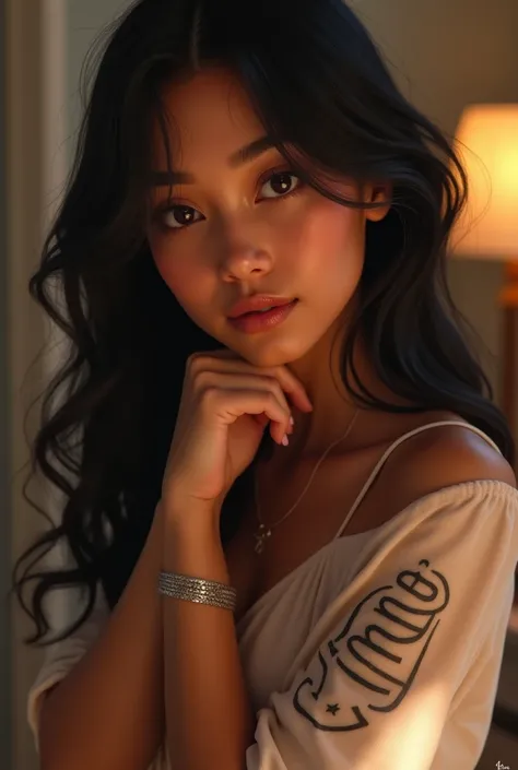 Close-up of a beautiful woman, 25 years old, brunette, dark brown skin, straight black hair, she is wearing a half-sleeved blouse, with a text that says "Rayanne" On her left arm completely tattooed, with a silver bracelet, she is posing for a photo.Disney...