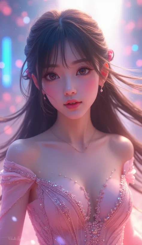 A beautiful young girl in a fantasy anime-style world, highly detailed portrait featuring big expressive eyes, detailed facial features, long flowing hair, wearing an intricate ornate dress, surrounded by vibrant fantastical landscapes, glowing magical eff...