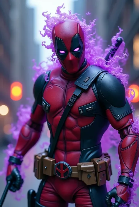 A fusion of a mischievous ghost-like creature with a mercenary hero, combining the eerie purple hue and shadowy aura of the ghost with the red and black tactical suit of a mercenary. The character has glowing eyes and a sinister grin, with Deadpools iconic...