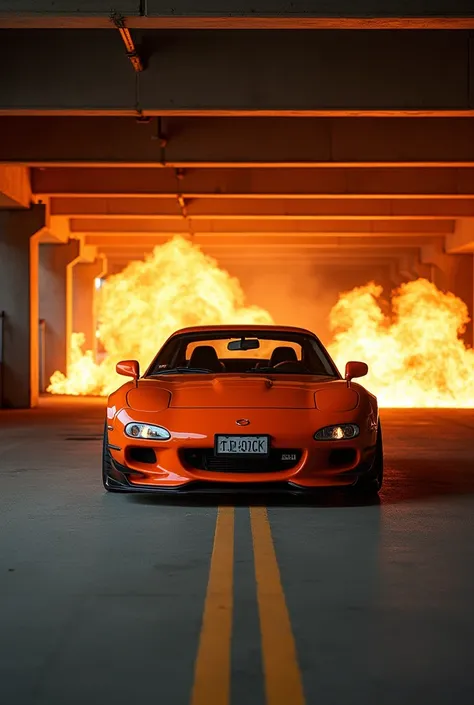 A visually stunning photograph featuring a vibrant orange Mazda RX-7, renowned for its iconic rotary engine and sleek, aerodynamic design, parked gracefully in the middle of an industrial parking structure.  creating a unique and unexpected juxtaposition o...