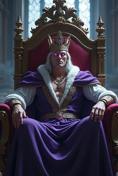 white hair, The purple-eyed king sits on a majestic throne in an abandoned palace with a crown on his head..muscle, The environment around him was dark and gloomy., There is a knight in black at the back.. The throne is luxurious., With details of gold and...