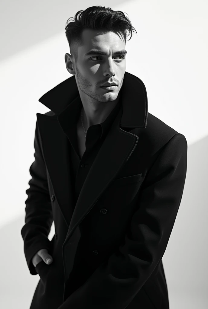 26 year old men modeling photos, black and white, wearing black overcoat, gothic, white background, unique poses