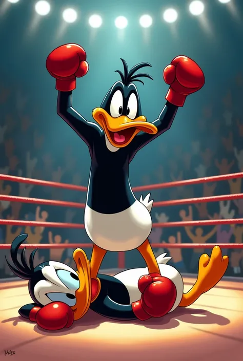 A boxing match, Daffy Duck vs. donald duck Lucas is the winner by knockout, Donald Duck is on the canvas of the ring while Lucas raises his hands and is cheered by the public