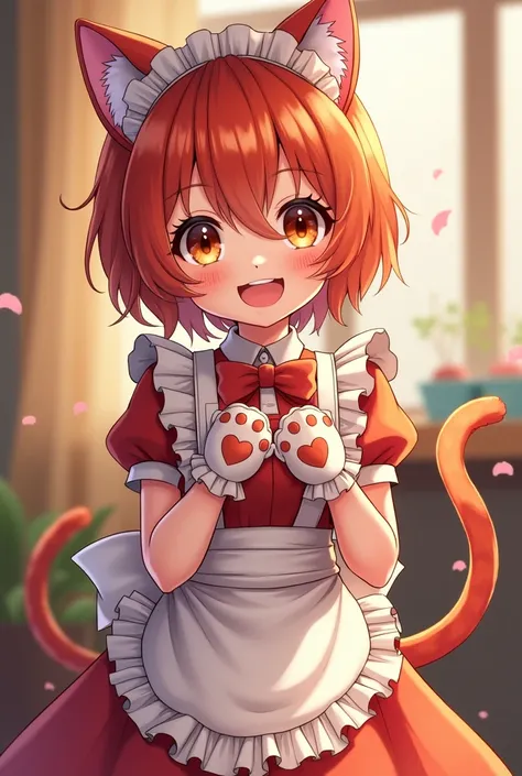 A ginger boy in an anime kitten servant outfit anime style with big boobs
