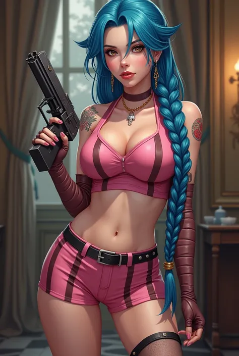 Woman with blue hair with long braid tight pink shorts vertical brown stripes long gloves with the same patterns pink and brown colors and stripes . Croped black brown boots steampunk retro and futuristic firearm at the same time waist and arm belts tattoo...