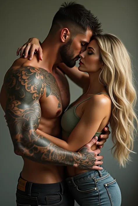 Tan caucasian female with long blonde hair and blue eyes in the arms of a tan caucasian male with very short brown hair and brown eyes, big muscles and tattoos