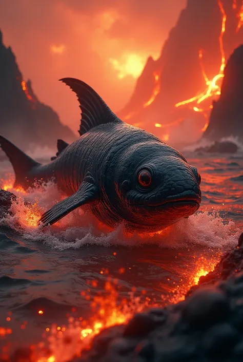 An obsidian coelacanth in a sea of lava