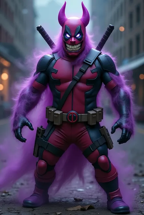 Aqui está um prompt bem próximo, onde a fusão de Gengar e Deadpool é mais integrada, com elementos de ambos de forma mais equilibrada:

**"A fusion of Gengar and Deadpool, featuring a ghostly figure with Gengars purple, shadowy body and glowing eyes, combi...