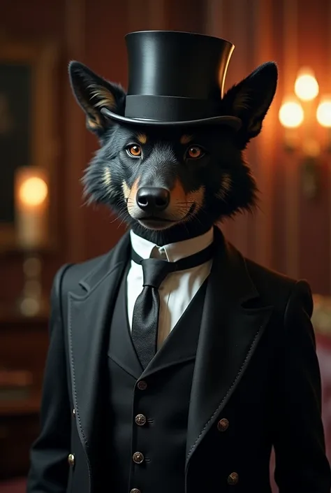 A animatronic wolf with a black top hat and a white tie and black vest 