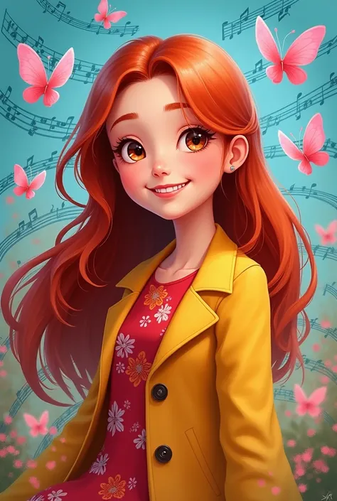 A girl with long red hair ,parts,A big smile,vestido rojo de flores, yellow coat and blue notes with pink butterflies