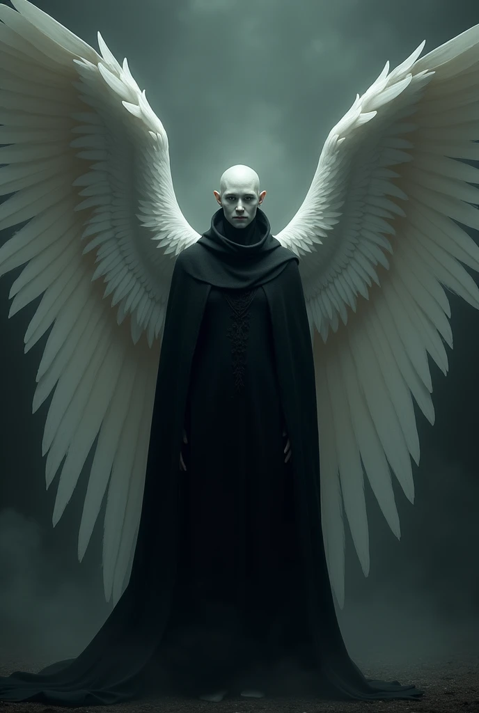 An angel with pale skin and white wings. . He has no hair or beard and his appearance is dark. He wears a black robe.