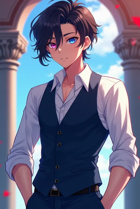 An anime male teenager who measures 1,77 of brown skin, half-curled hair,  with eyes half blue, half red all over his body, what to wear with a white shirt, long sleeves above the shirt, a vest that fits well, dark blue pants, dress shoes, a good haircut, ...