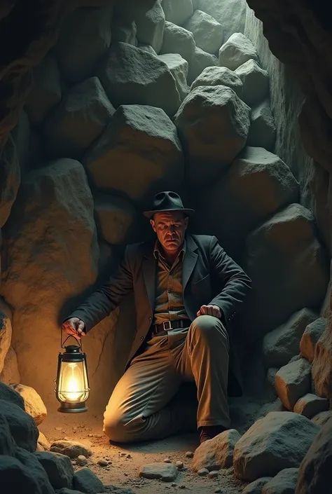 man trapped under rocks in a cave, 1920s clothing, exhausted expression, dim light from a lantern, detailed underground setting, emotional intensity