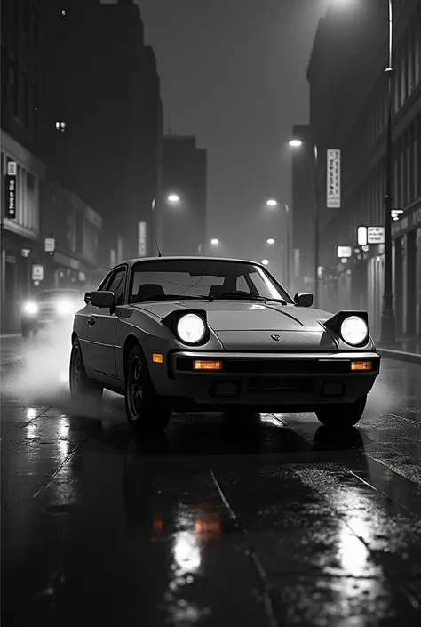 For my art GCSE I need a Porsche 924 racing and with crime noir vibe that is in black and white. make it SIMPLE!!!!!!!!