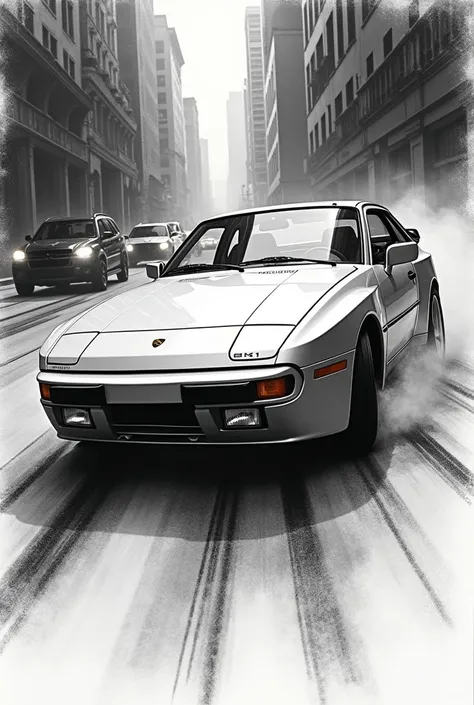 For my art GCSE I need a Porsche 924 racing and with crime noir vibe that is in black and white. make it SIMPLE and make it drawn in PENCIL