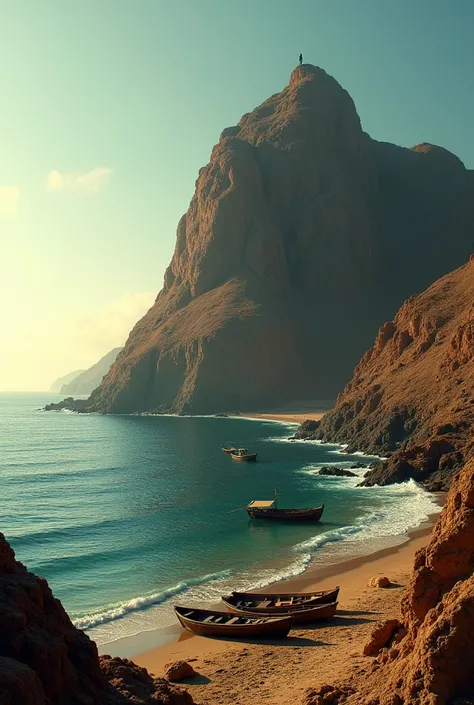 " A panoramic view of a Latin American fishing port ,  with small wooden tiles resting on the shore .  In the background, the hill La Capullana ,  an arid and rocky hill with shades of brown and ochre ,  typical of the Peruvian coast ,  with its imposing s...