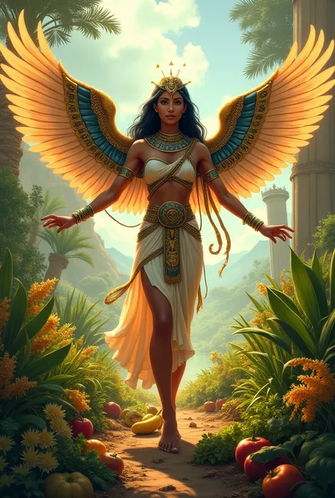 Wings of the goddess Isis protecting various types of agriculture
