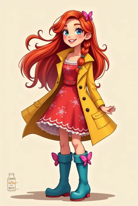 A girl with long red hair ,parts,A big smile,vestido rojo de flores,yellow coat and blue boots with pink butterflies full plan of the girl from head to toe