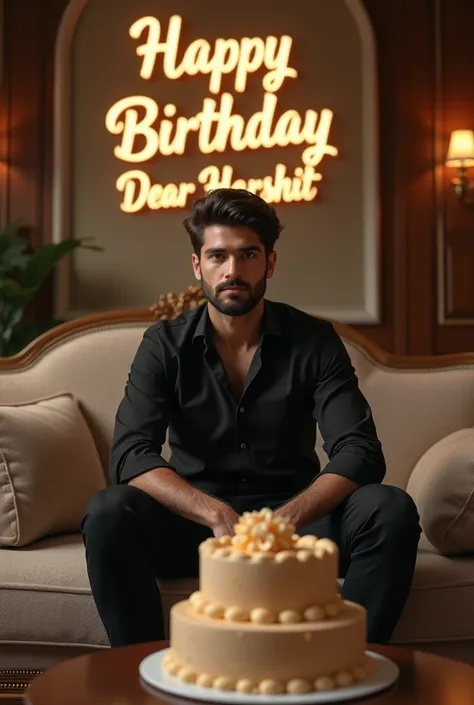 Create a realistic image of a 20 yr old man with light beard wearing black shirt and pant . He is sitting on a king sized sofa in a big hall beside a table  on which a big cake is placed and on the wall behind HAPPY BIRTHDAY DEAR HARSHIT is written in bold...