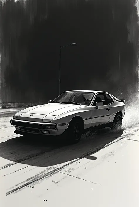 For my art GCSE I need a side profile Porsche 924 drifting with crime noir vibe that is in black and white. make it SIMPLE and make it drawn in PENCIL and make it look easy but cool