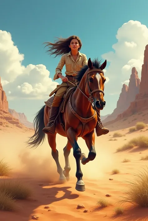 create a girl on a wild horse in western style, the girl is galloping in the middle of the desert