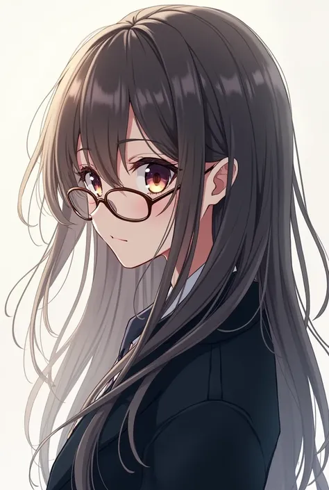  A girl with long, loose hair, wearing a black jacket and glasses ,  anime style 