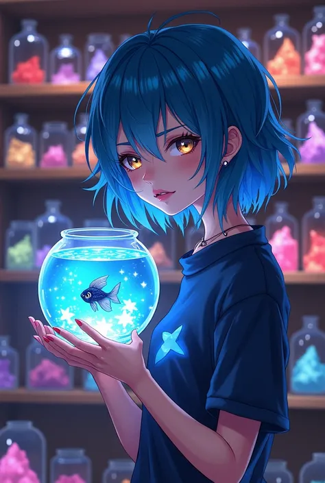 a woman holding a fish bowl in a store, epic light novel art cover, glowing black aura, card template, cyberpunk dyed haircut, made of multicolored crystals, ssr card, adorable glowing creature, multicolored tshirt art, exploitable image, beautiful blue ha...