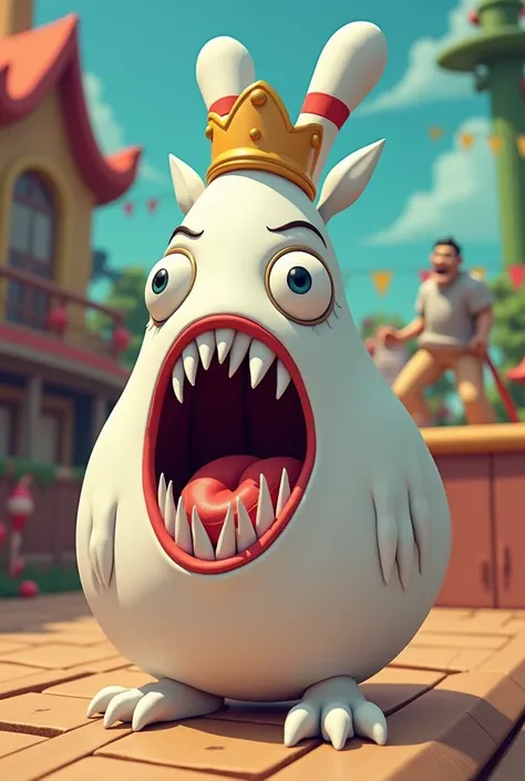 White bowling bag with crown of sharp teeth animated cartoon