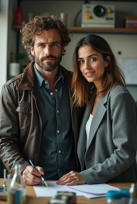 My husband and I work in the chemistry office .  He has curly hair I am straight hair .  Hes wearing a leather jacket Im wearing a short grey coat. Hes taller than me .  We both work in a tight-knit and sincere way. 