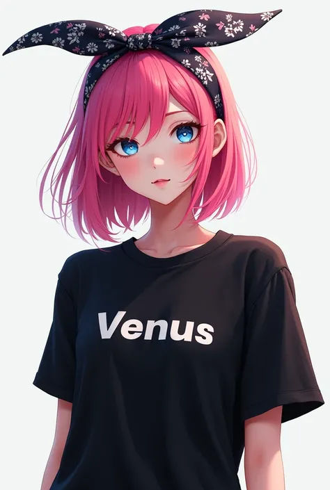 Una Mujer
with pink hair tied up with a wide fabric headband light skin blue eyes with a black t-shirt over the name Venus
