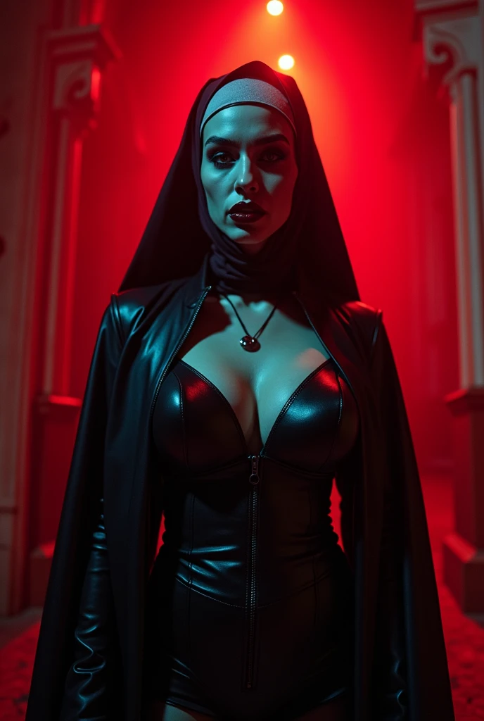 raw, analog) (gothic nun huge breast), set in the 1990s, surreal make up, leather clothes inside a gothic church at night, neon lights, very dark, horror, red shades, chaos, sinister, high details, ultra realistic, SonyA7III, cinematic lighting, film, grai...