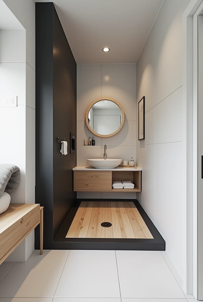  Design a small bathroom in an attic ,  with dimensions of 1 .90 by 1 .90m , with a height of 2 m 70 that contains a shower measuring one meter by one meter with a height of 2 m 70 that the shower has an L-shaped wooden porcelain tile and that the rest of ...