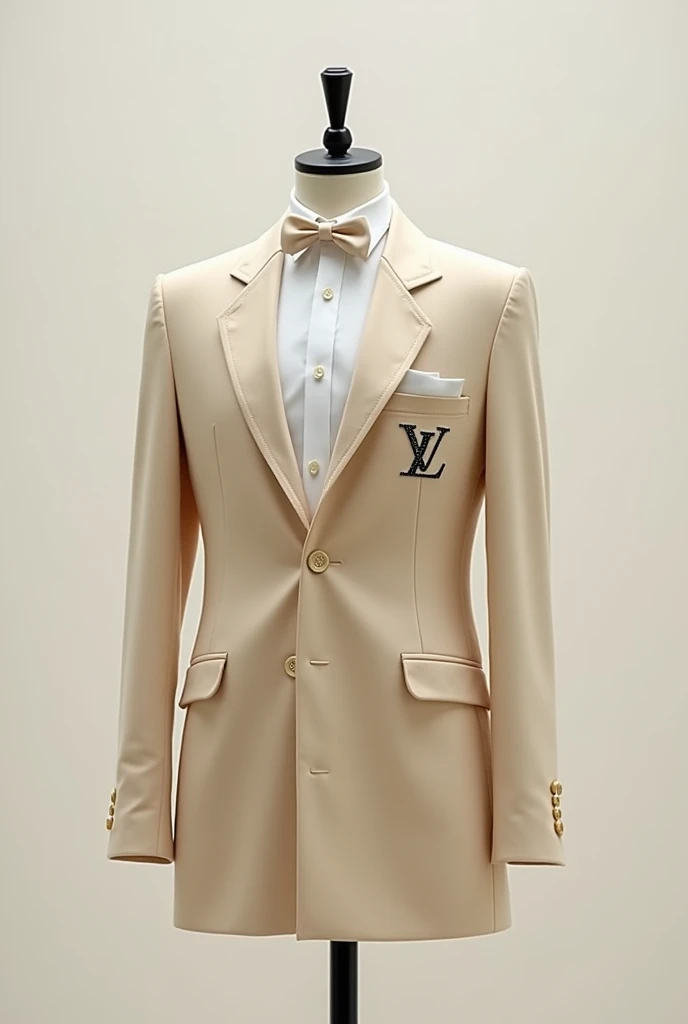  Create a school uniform with beige and white colors with a badge with the initials "Lv" on the side of the heart . that looks aesthetic and modern  ( mens) without human body (a mannequin).